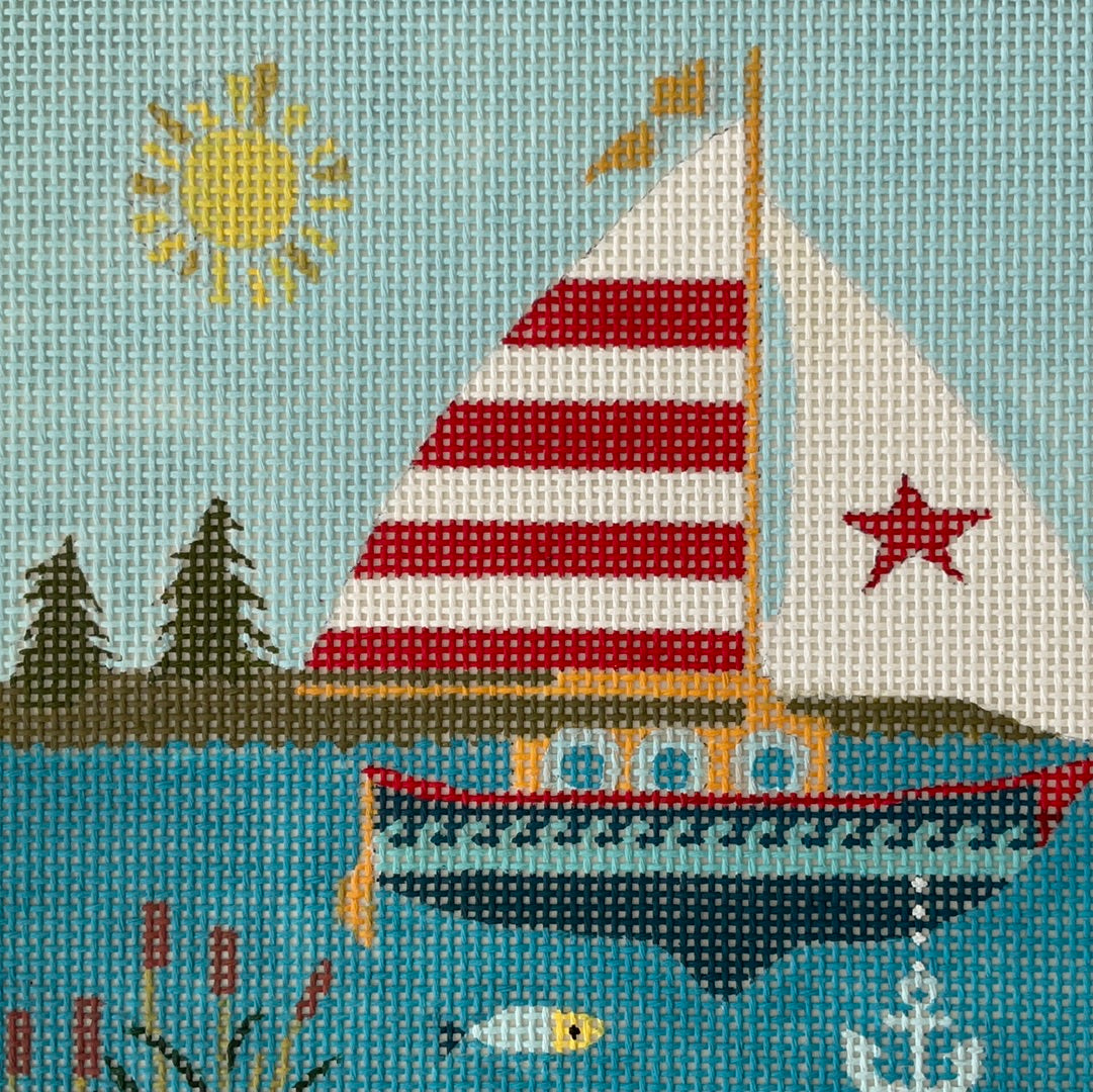 Sailboat with Red and White Striped Sail C-PPSNOL01B