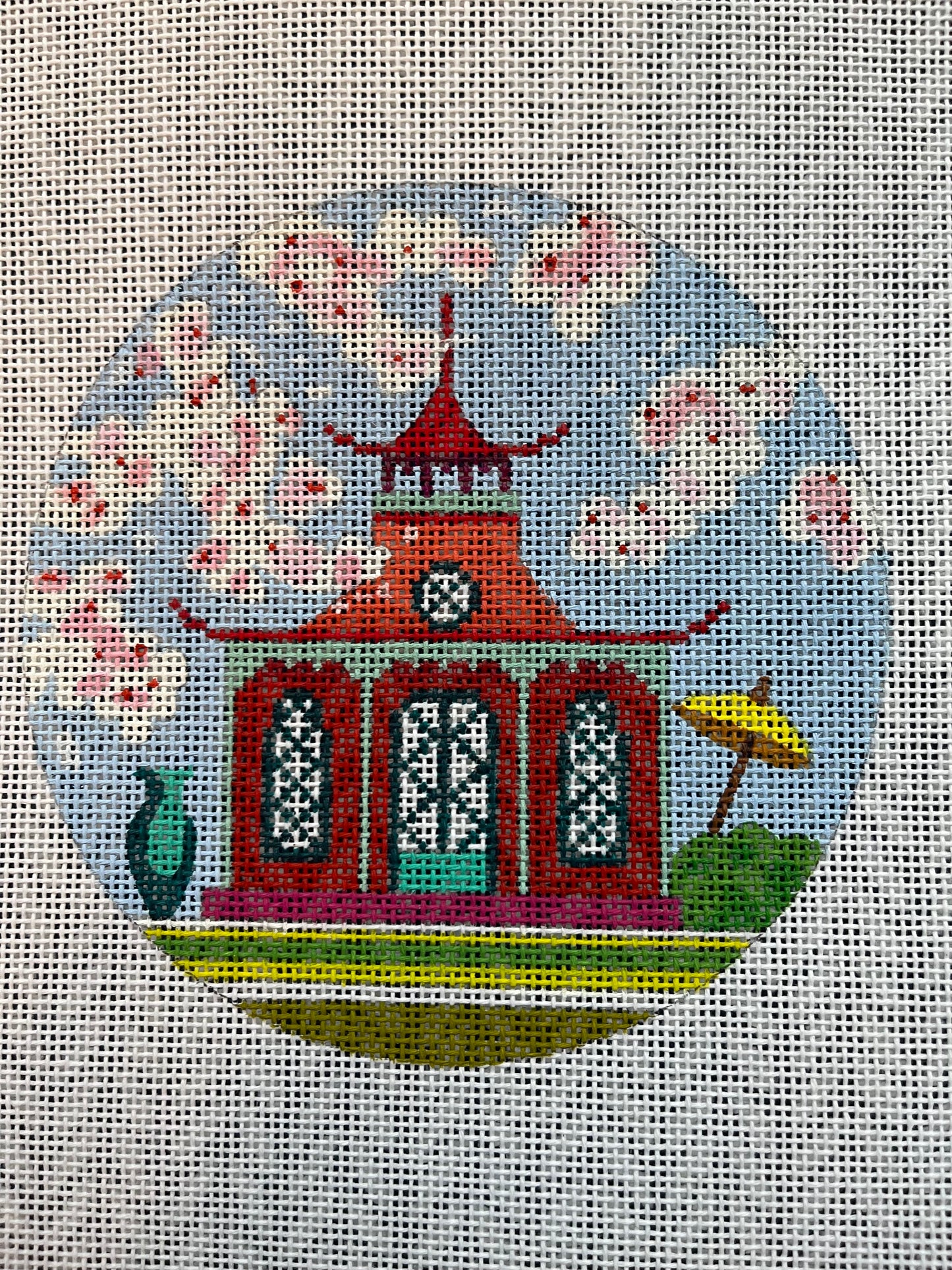 Anna Clutch #5: Red pagoda canvas on navy and white herringbone patterned clutch