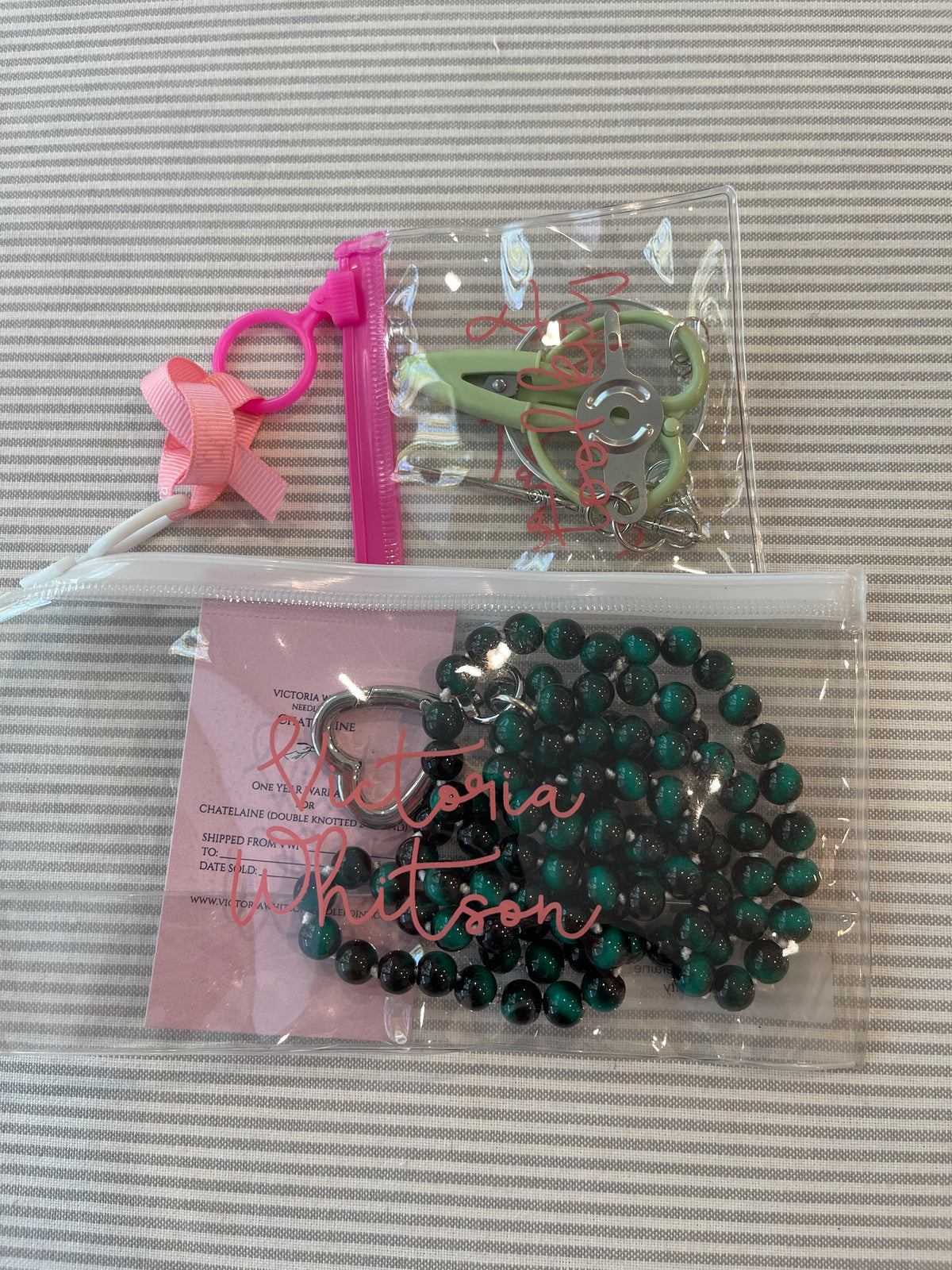Bead Chatelaine with Heart Clip A-VWN emerald beads