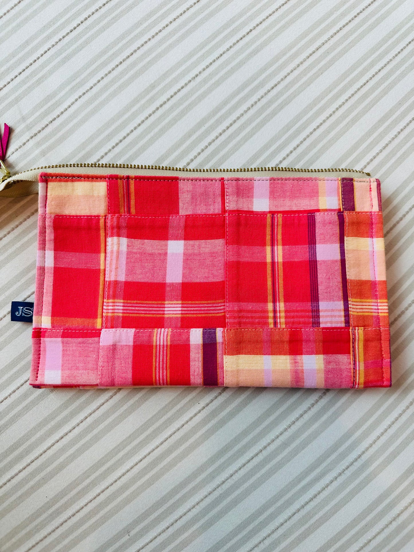 Pink and Orange Madras Plaid Stand Up 2-Pocket Needlepoint Tool Bag A-JSbag