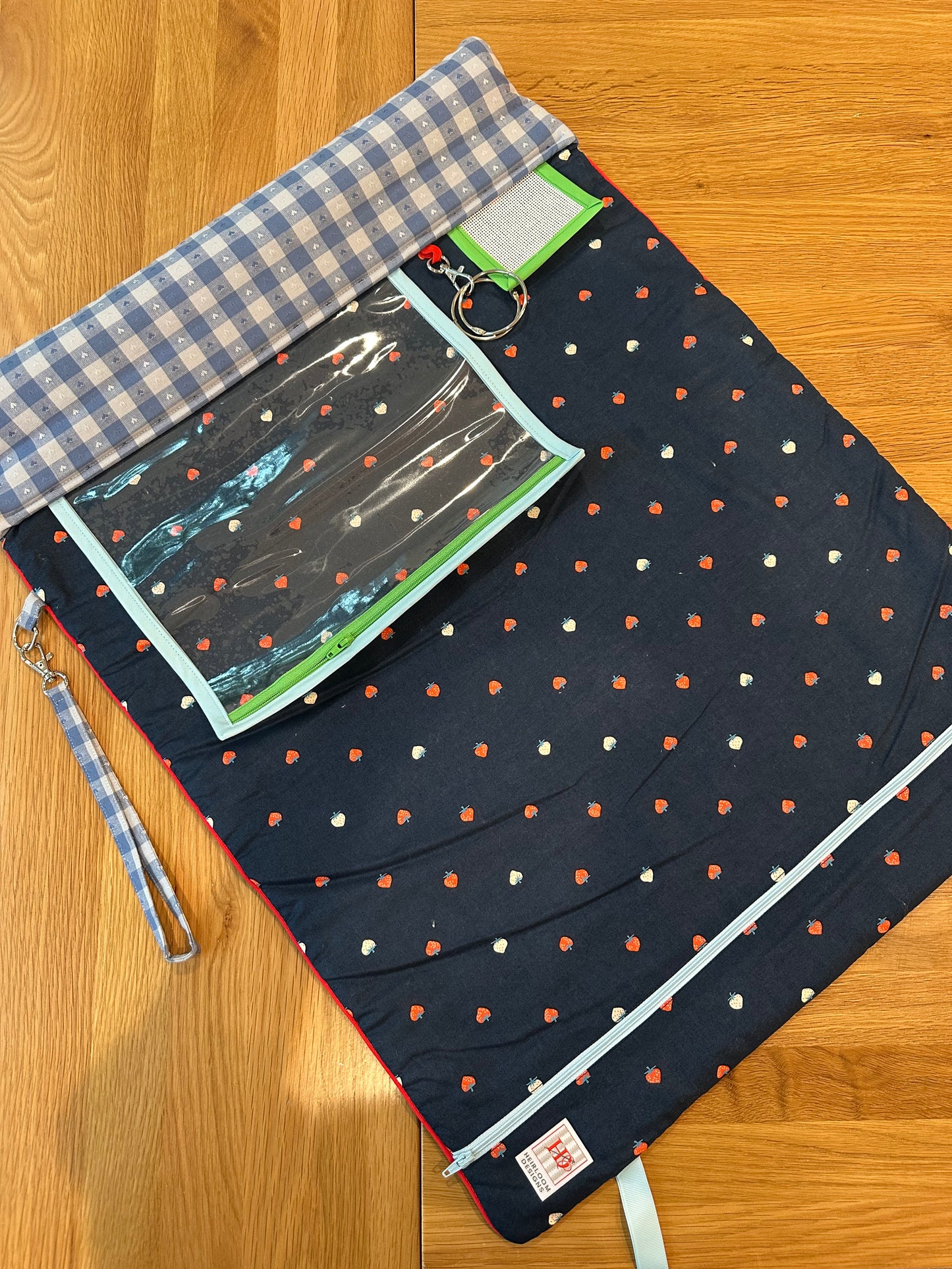 Traveler 5: Blue Gingham with Strawberries on Navy lining