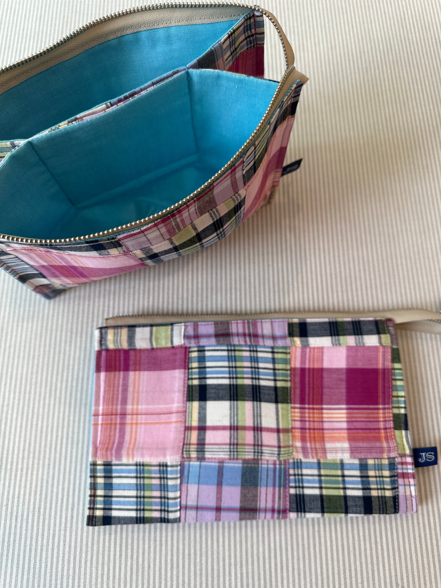 Pink & Navy Madras Plaid Stand Up 2-Pocket Needlepoint Tool Bag A-JSbag