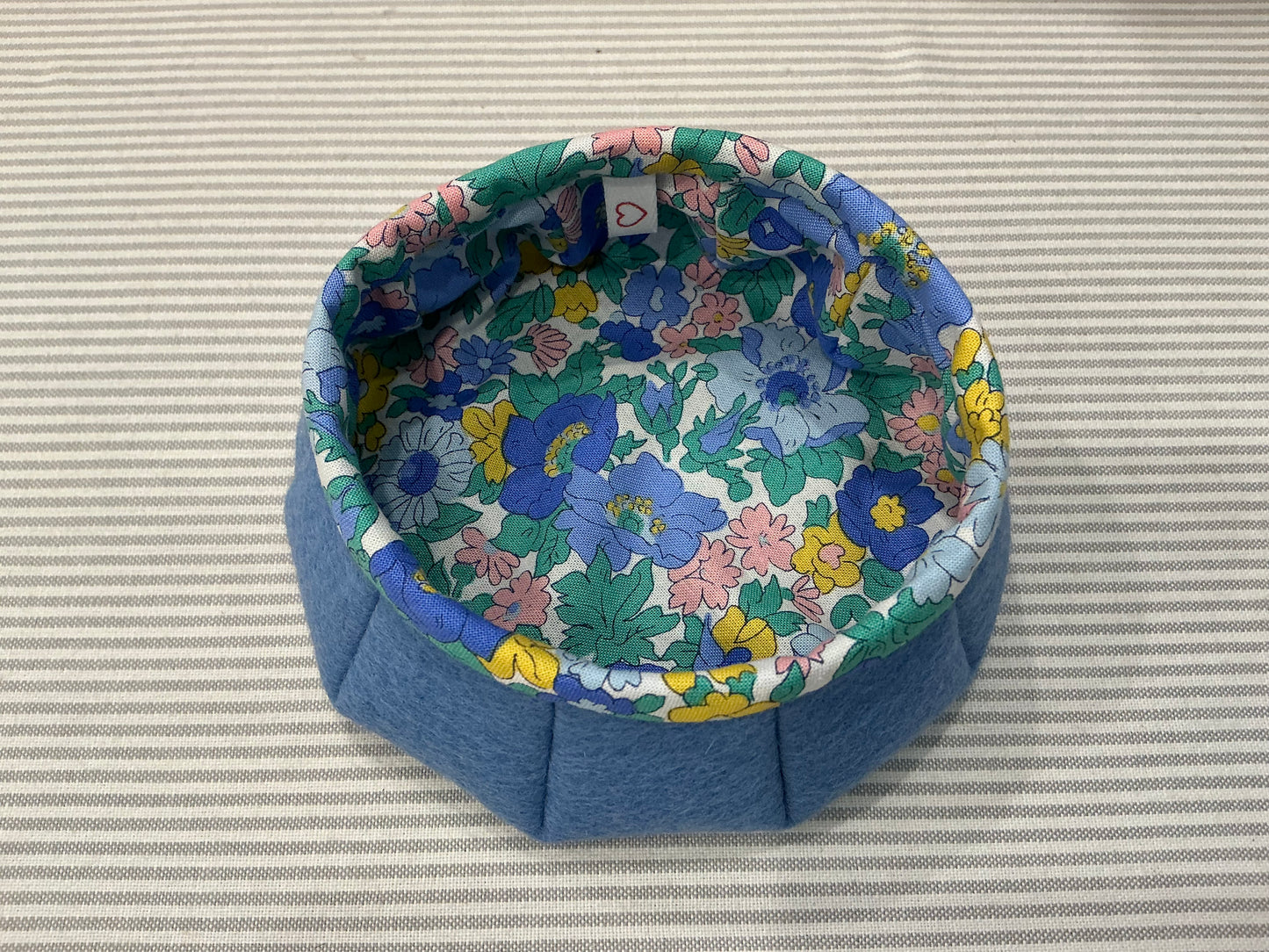 Cornflower Blue Felt Thread Catcher with liberty Floral Print on Inside (flower print is blues, pink and yellow)  A-MLCTC