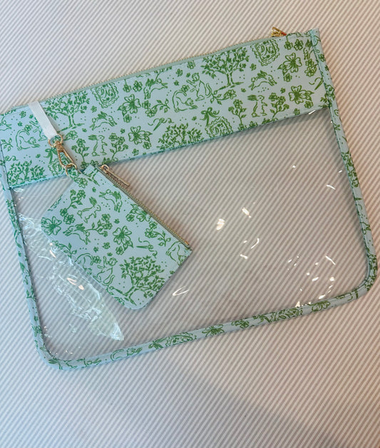 A-DWNBGT Bunny Toile Project Bag in green on blue