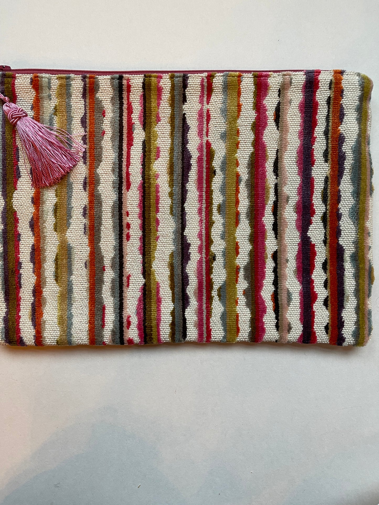 Anna Clutch #3: Tiger canvas on bright striped clutch