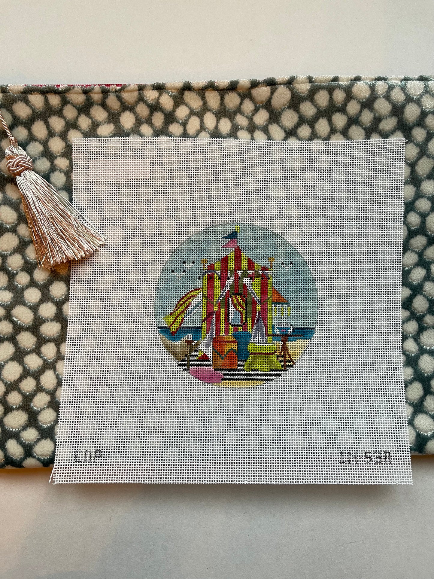 Anna Clutch #4: Beach tent canvas on sky blue clutch with white polka dots