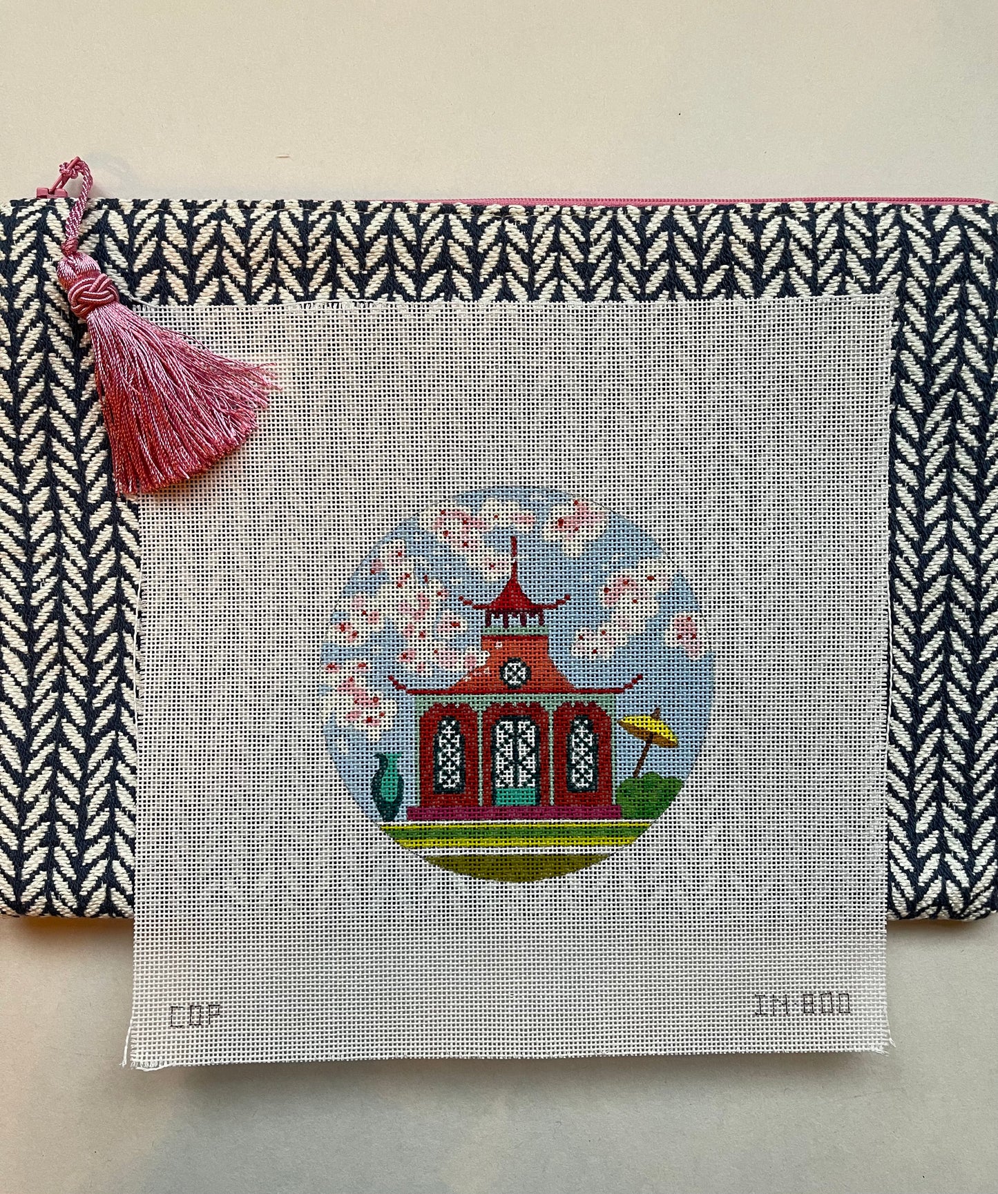 Anna Clutch #5: Red pagoda canvas on navy and white herringbone patterned clutch