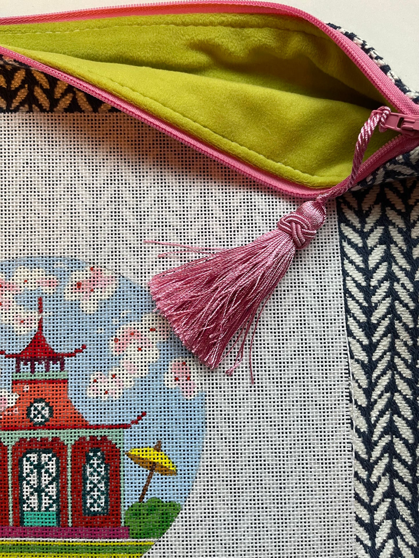 Anna Clutch #5: Red pagoda canvas on navy and white herringbone patterned clutch