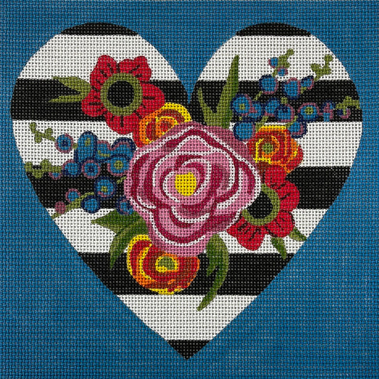 Black and White Striped Heart with Flowers C-AP4666