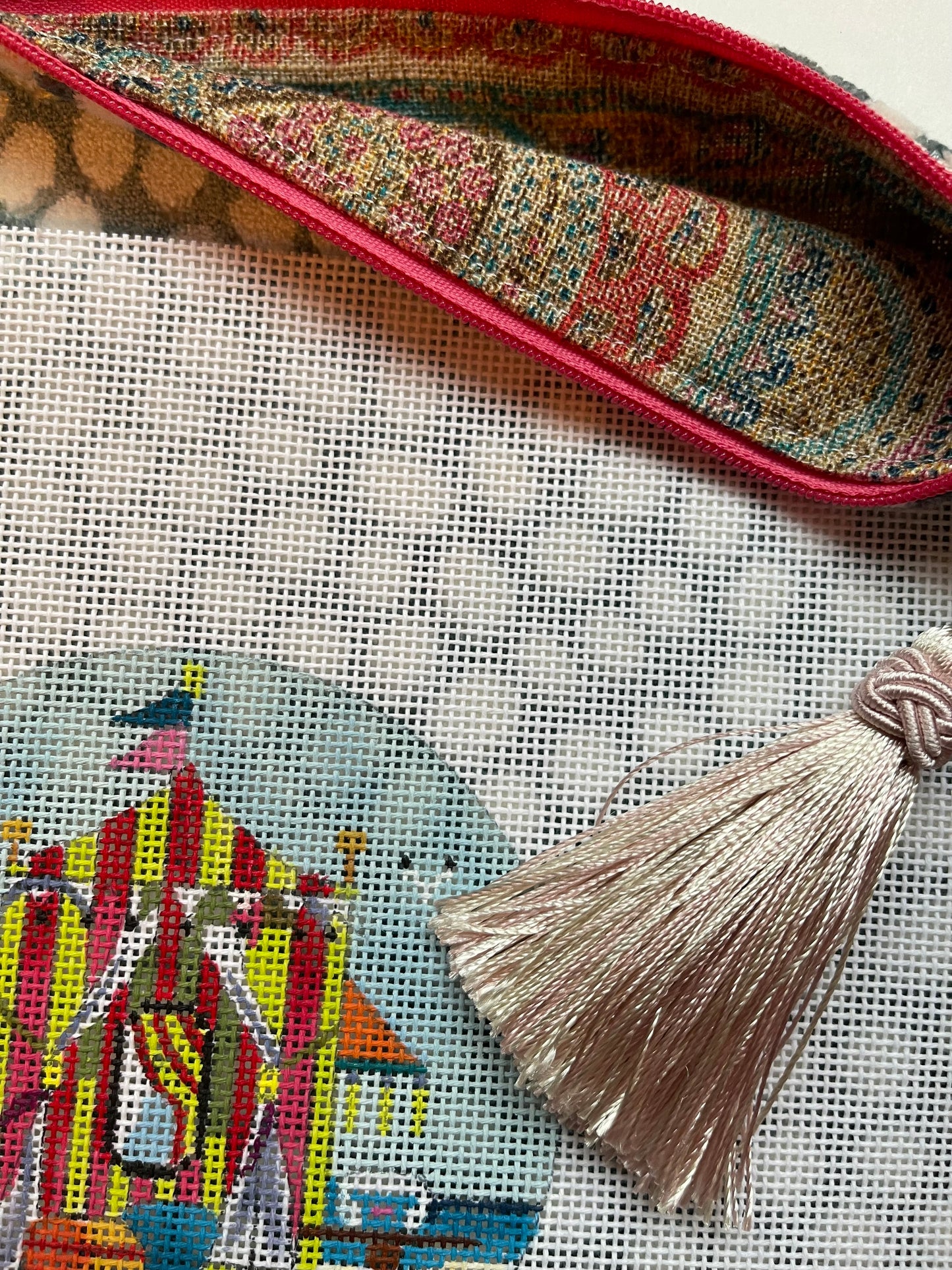 Anna Clutch #4: Beach tent canvas on sky blue clutch with white polka dots