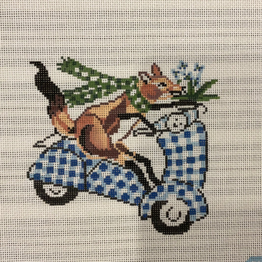 Fox with Scarf on Blue Gingham Moped C-PLC-EH14