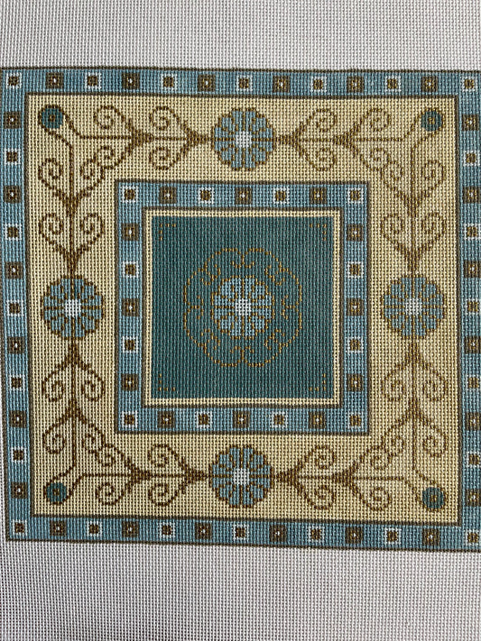 Blue and gold flower medallion square C-JPL299