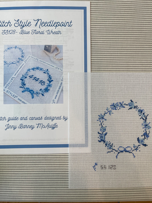 Blue Floral Wreath Round with Stitch Guide C-SS128