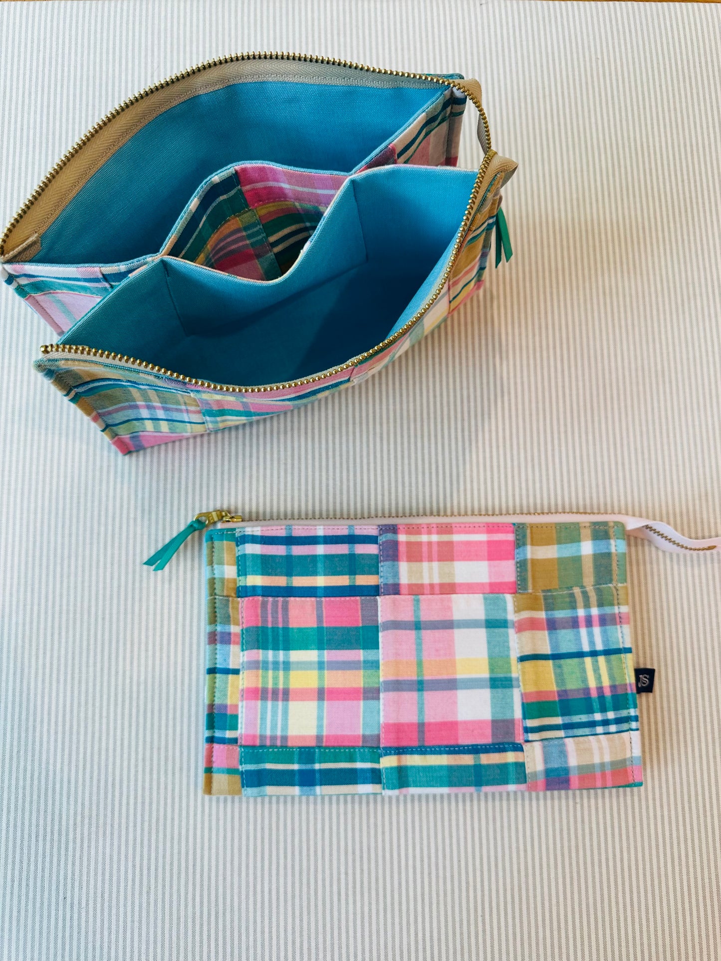 Pink & Aqua Madras Plaid Stand Up 2-Pocket Needlepoint Tool Bag A-JSbag