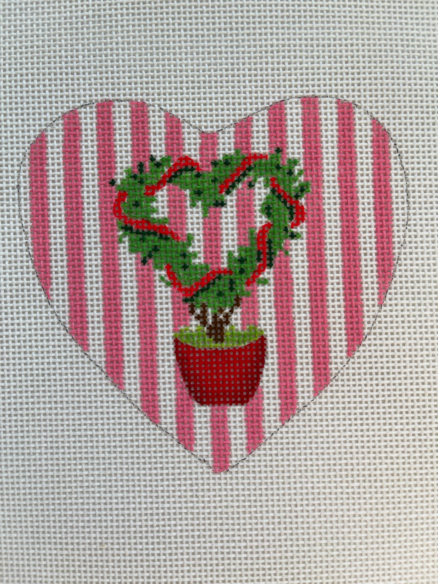 Holiday Heart Topiary on Pink Stripes (Heart-shaped Snow globe Ornament) C-KDXMD18