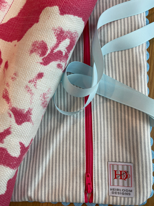 Traveler 8: Pink Floral with Grey Strips and Blue Ribbon