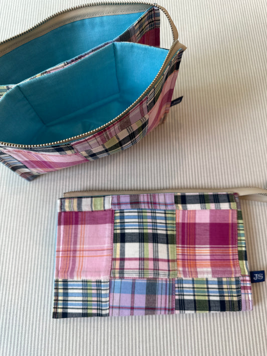 Pink & Navy Madras Plaid Stand Up 2-Pocket Needlepoint Tool Bag A-JSbag