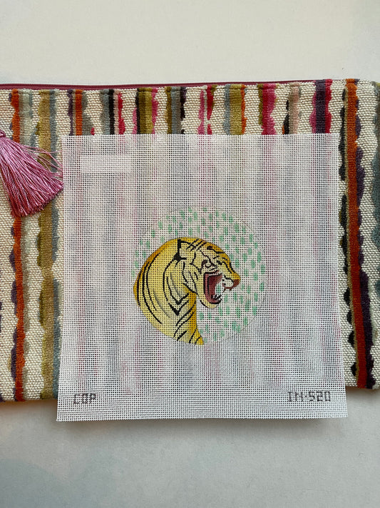 Anna Clutch #3: Tiger canvas on bright striped clutch