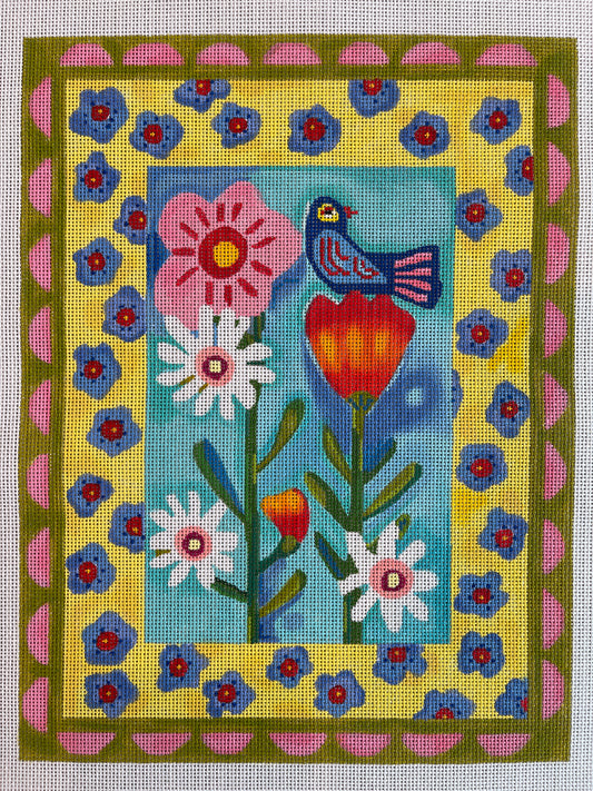 Blue Bird on Flowers with Double Border C-JE-PL-01
