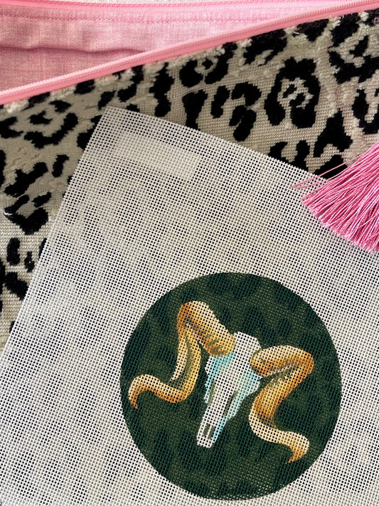 Anna Clutch and Canvas Combo #9: Animal Skull Round on Black and White Leopard Anna Clutch